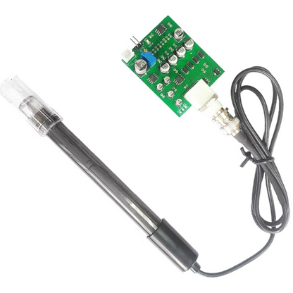 Electronic component with a probe and green circuit board on a white background