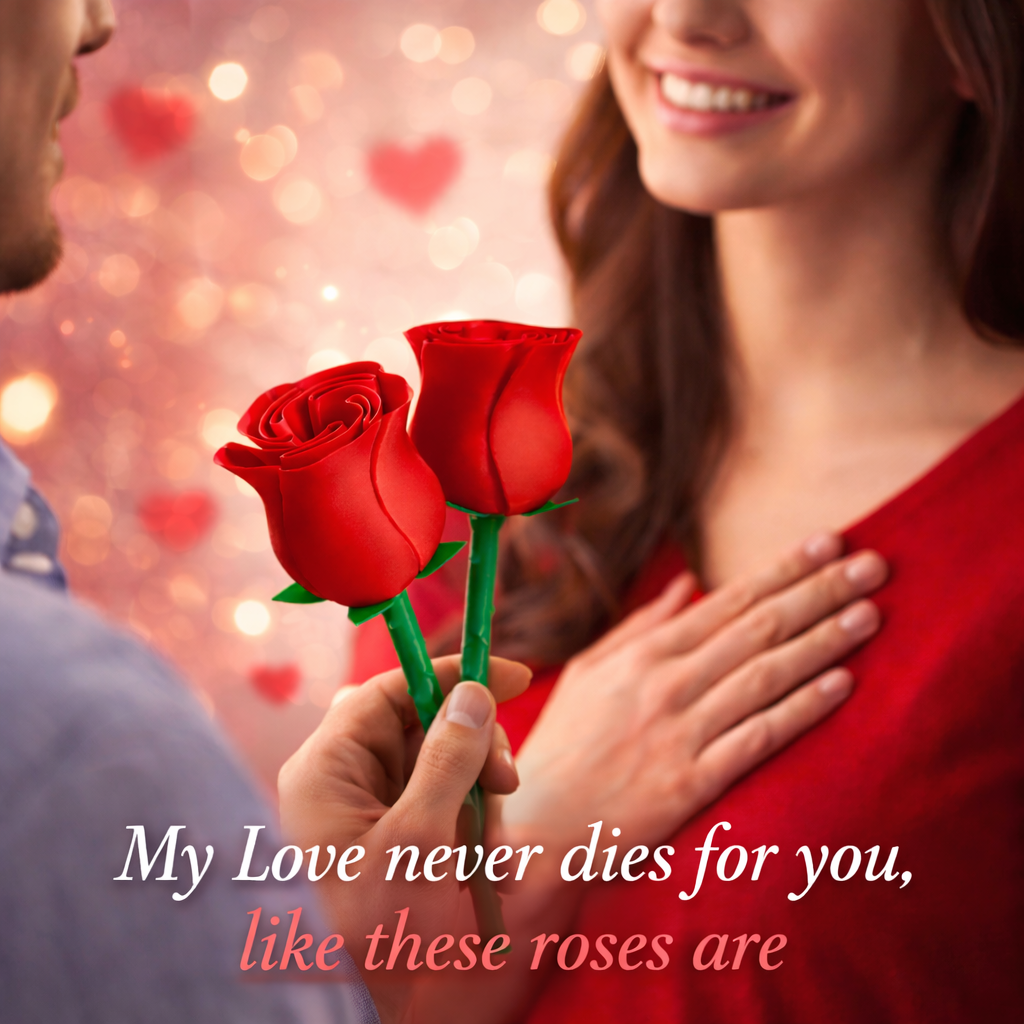 Two people holding red roses with a romantic background and text overlay.