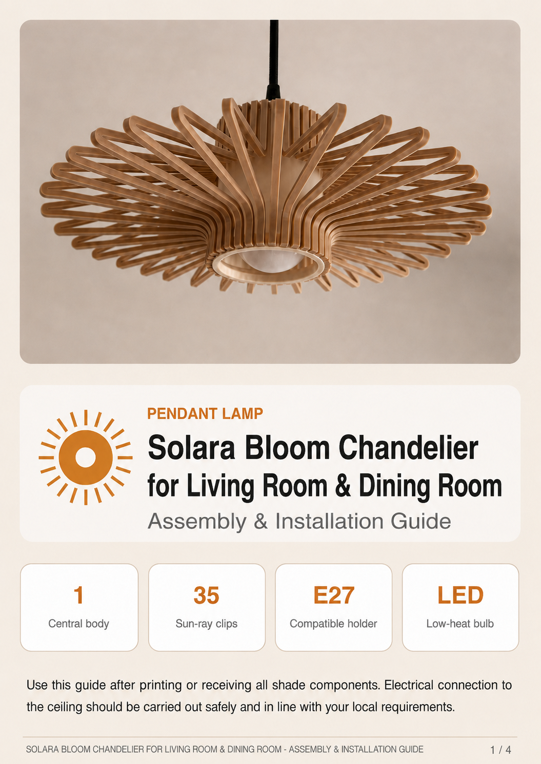 Instructional graphic for the Solara Bloom Chandelier, showing the wooden pendant lamp at the top and text below detailing assembly and installation features for a living room and dining room.