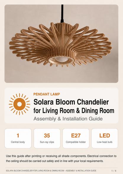 Instructional graphic for the Solara Bloom Chandelier, showing the wooden pendant lamp at the top and text below detailing assembly and installation features for a living room and dining room.