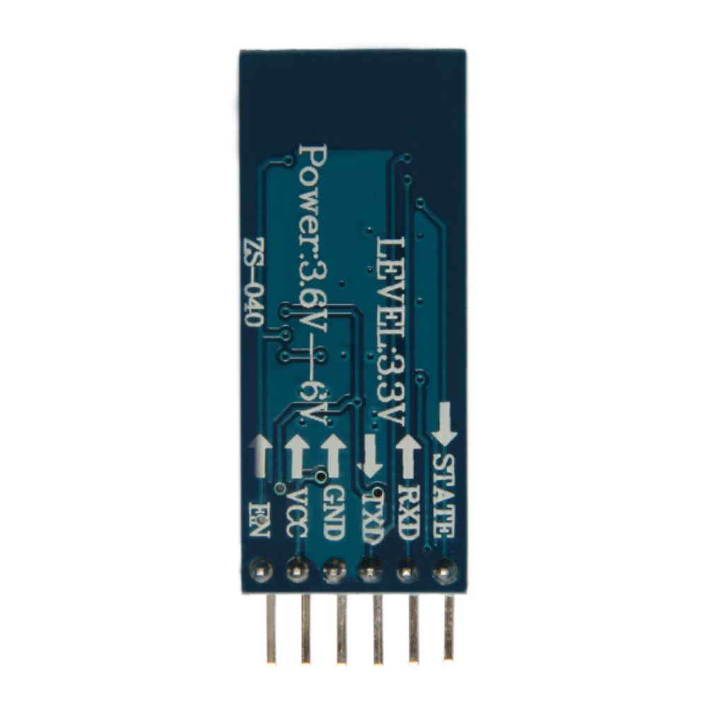 Electronic component with labeled pins on a white background