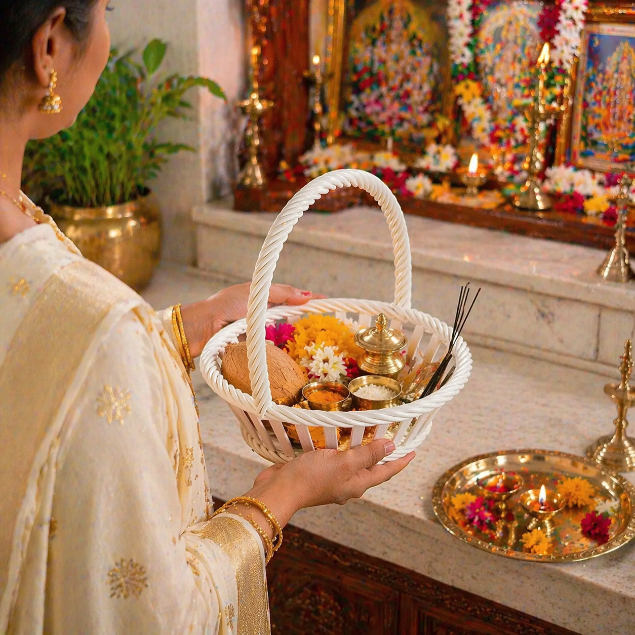 Person holding a basket with offerings in front of a decorated altar.