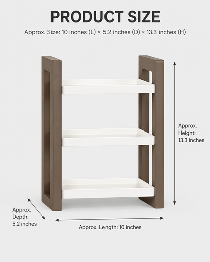 Product size diagram of a three-tier shelving unit with brown side frames and white shelves, showing approximate dimensions of 10 inches by 5.2 inches by 13.