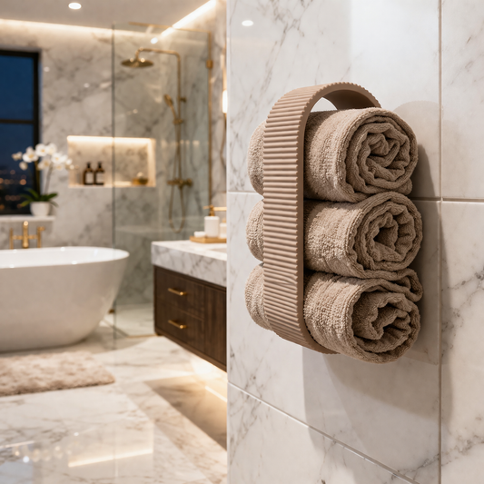 Wall mounted towel holder for bathroom with 3 rolled towels in a modern marble bathroom setting