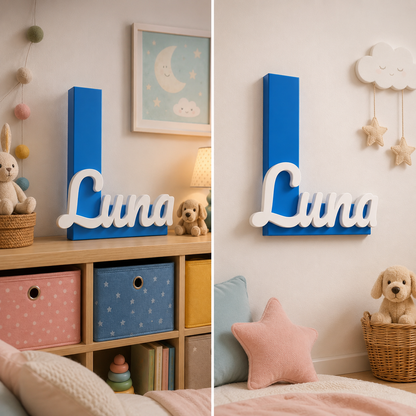 A split-screen view of a custom wooden name sign spelling 'Luna' in white script over a bright blue rectangular backboard, styled in a child's bedroom setting with storage bins, a teddy bear, and star decorations.
