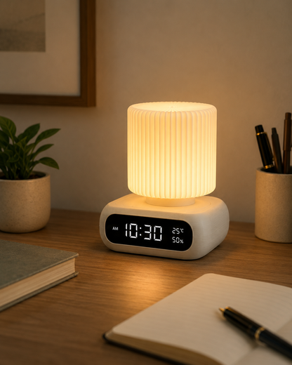 A modern digital alarm clock lamp with a glowing warm white ribbed cylindrical shade and a white base showing the time 10:30, placed on a wooden desk in a styled home office setting.