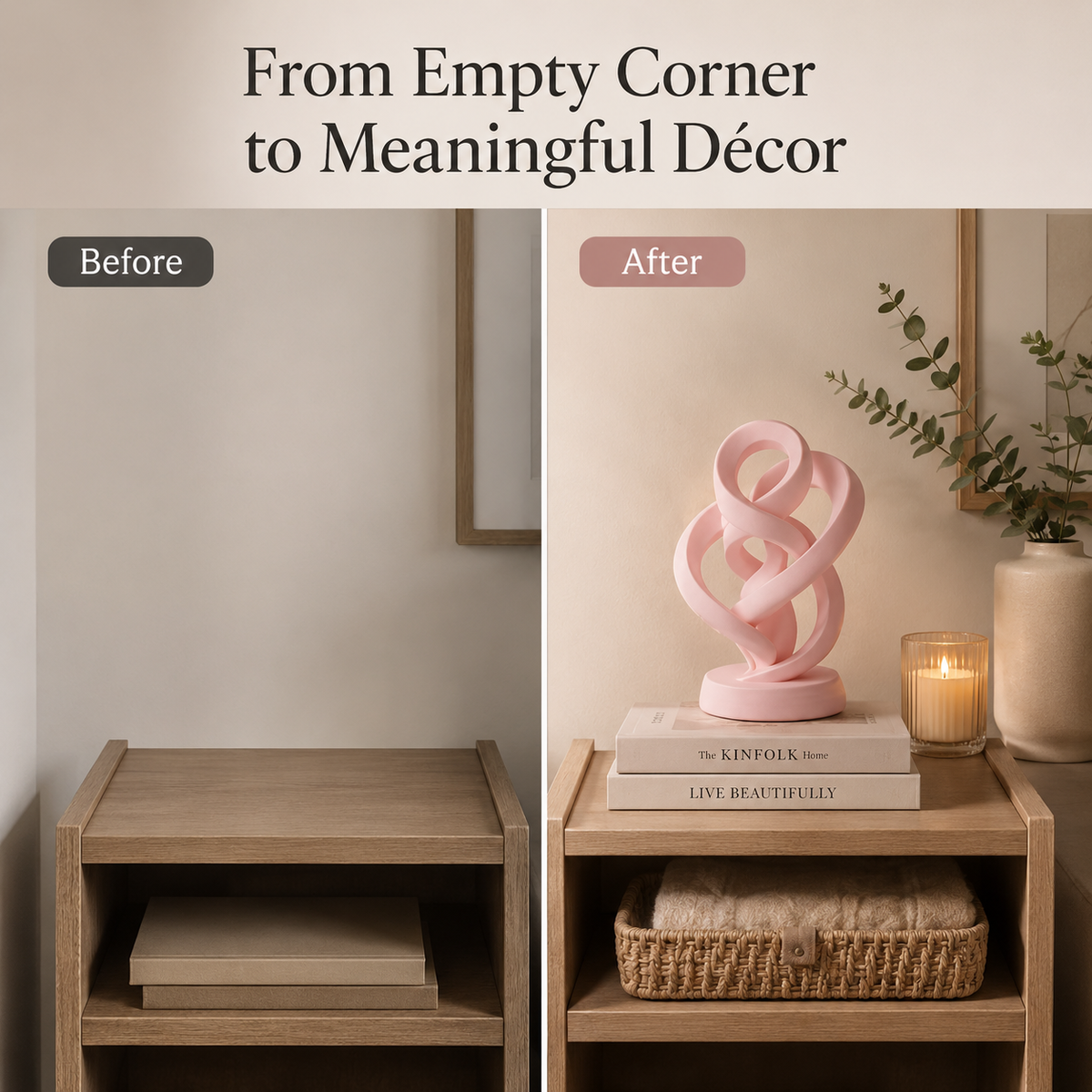 Before-and-after interior decor comparison showing an empty corner on the left and a styled corner on the right with a pink sculptural lamp, books, a candle, a woven basket, and a vase. Large text at the top reads 'From Empty Corner to Meaningful Décor'.