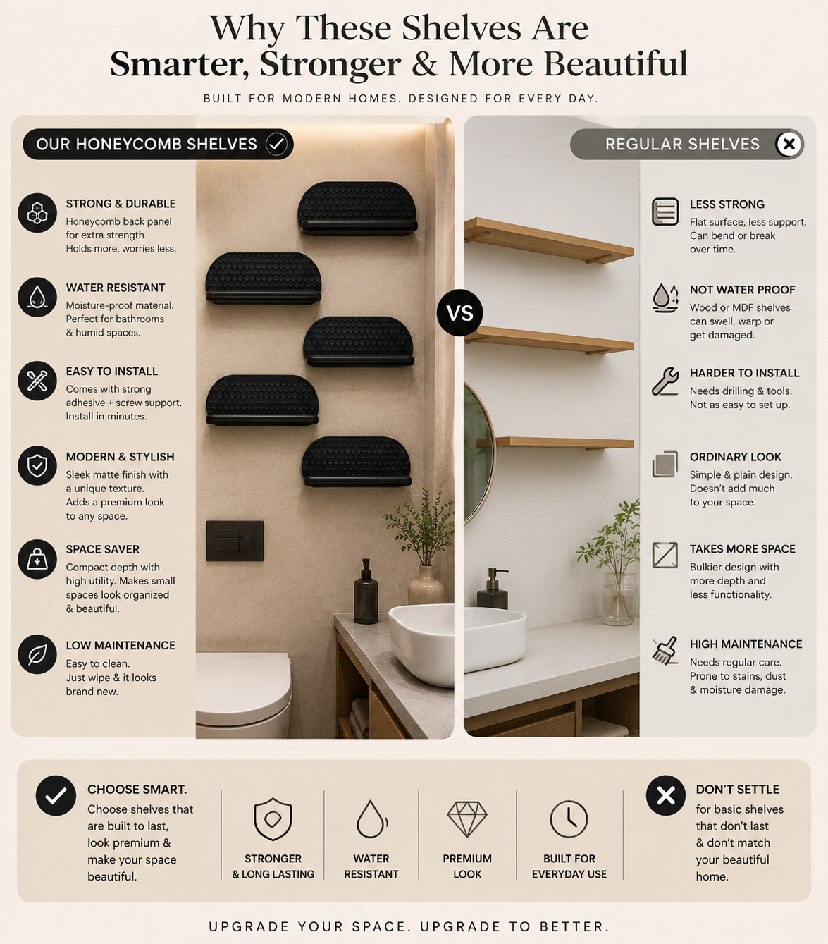 Beige brown bathroom wall shelf for skincare and toiletries