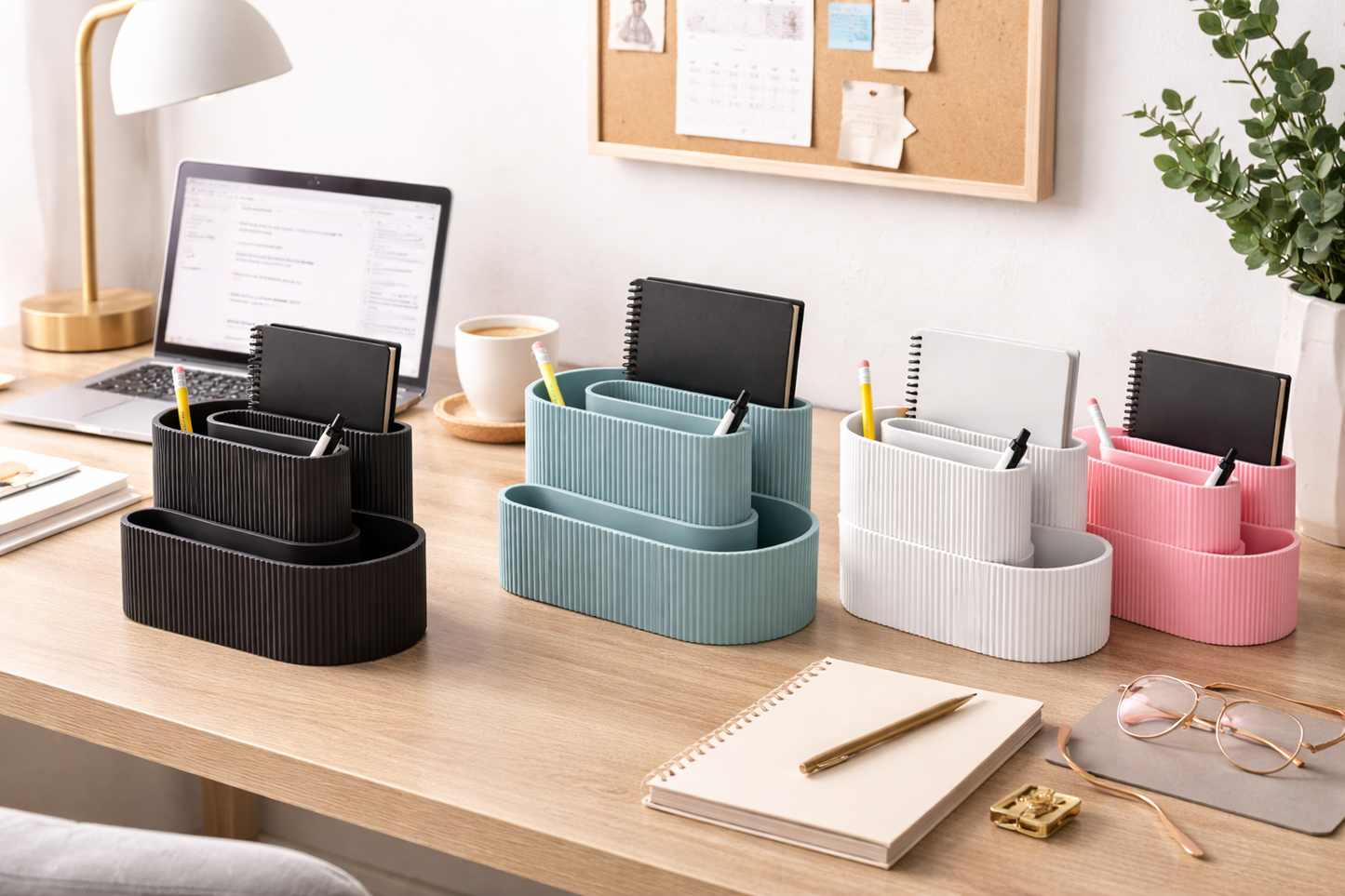 Set of colorful desk organizers on a wooden desk with office supplies.