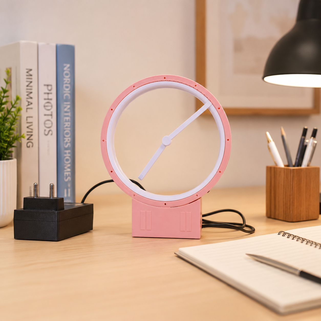 A pink and white modern desk clock with a circular LED light ring, styled on a light wood desk next to books, a lamp, and stationery.