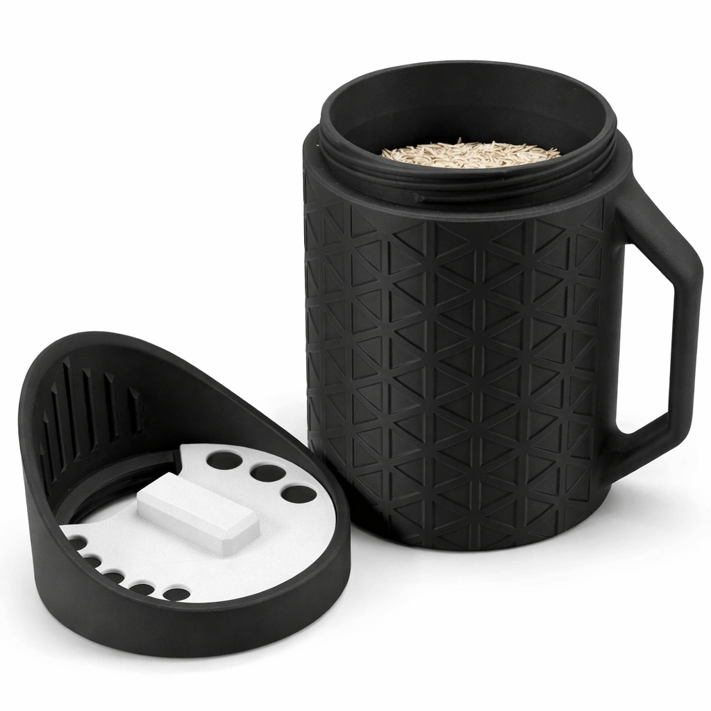 Black textured mug with a white scoop on a white background