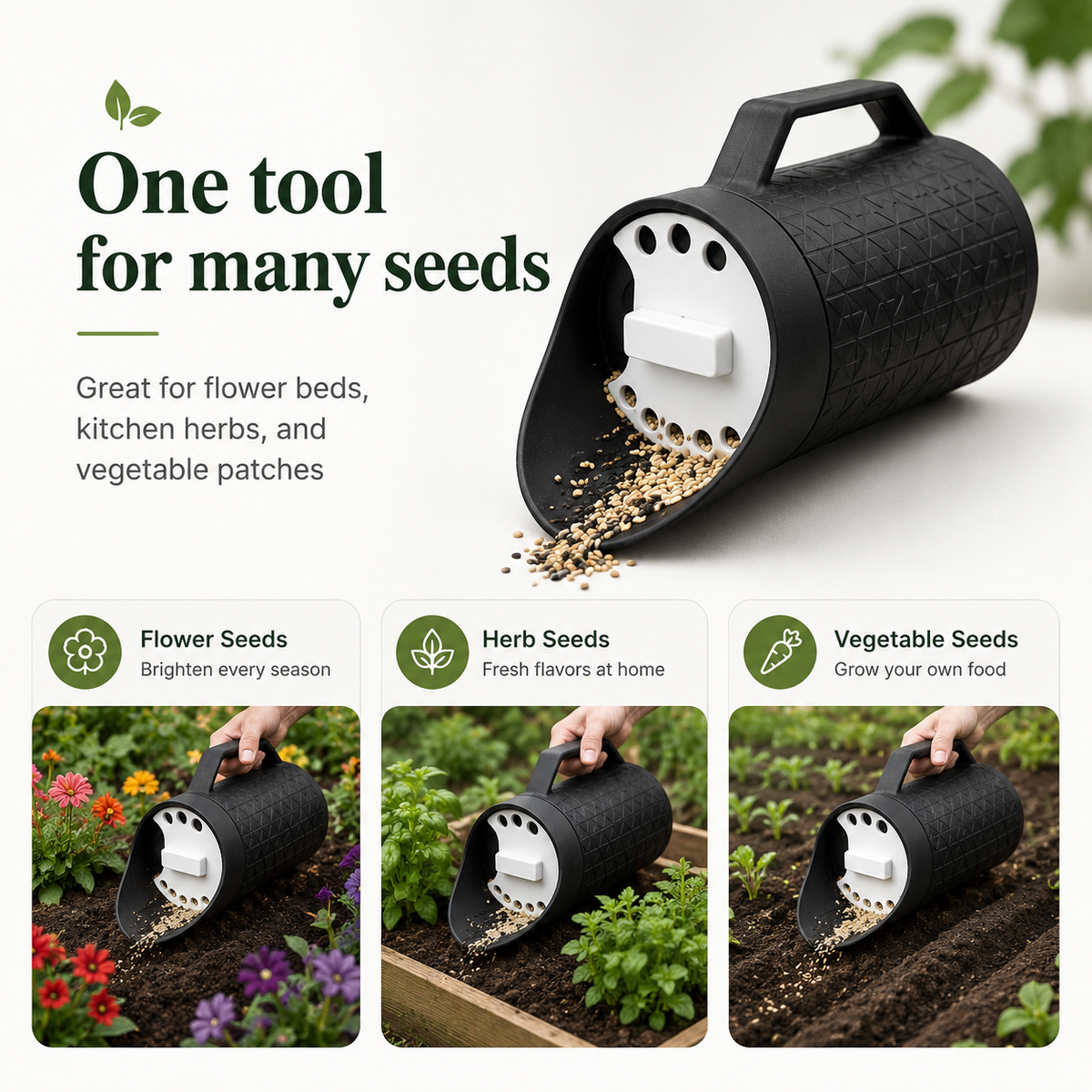 Black seed planter scoop with a handle, shown pouring seeds on a light background, with text reading 'One tool for many seeds' and three smaller lifestyle panels demonstrating use for flower seeds, herb seeds, and vegetable seeds in garden beds.