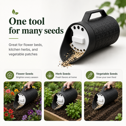 Black seed planter scoop with a handle, shown pouring seeds on a light background, with text reading 'One tool for many seeds' and three smaller lifestyle panels demonstrating use for flower seeds, herb seeds, and vegetable seeds in garden beds.
