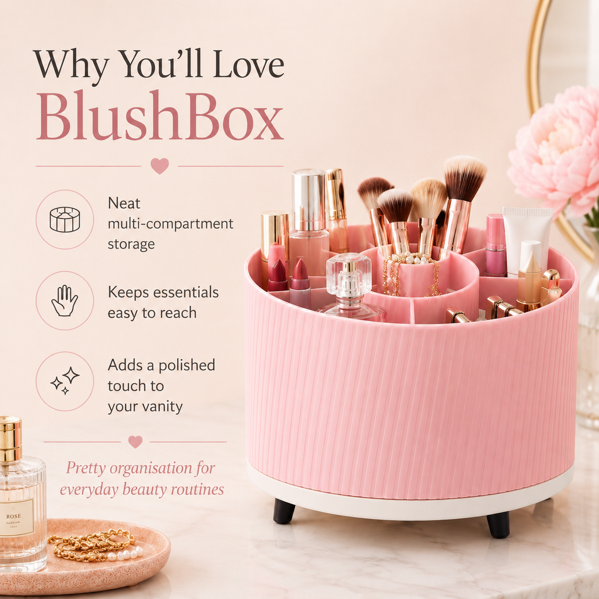 Pink cylindrical BlushBox makeup organizer with multiple compartments filled with cosmetics and brushes, shown on a marble surface with promotional text on a soft beige background.