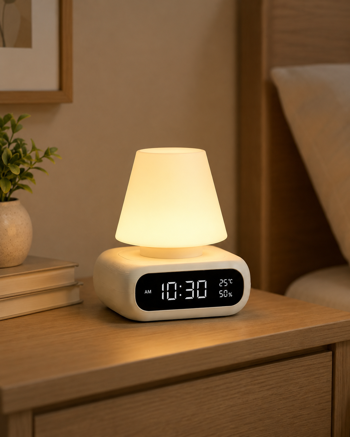 A modern digital alarm clock with a built-in lamp base, sitting on a wooden nightstand in a bedroom setting. The lamp is turned on, emitting a warm yellow glow, and the clock face displays the time as 10:30.