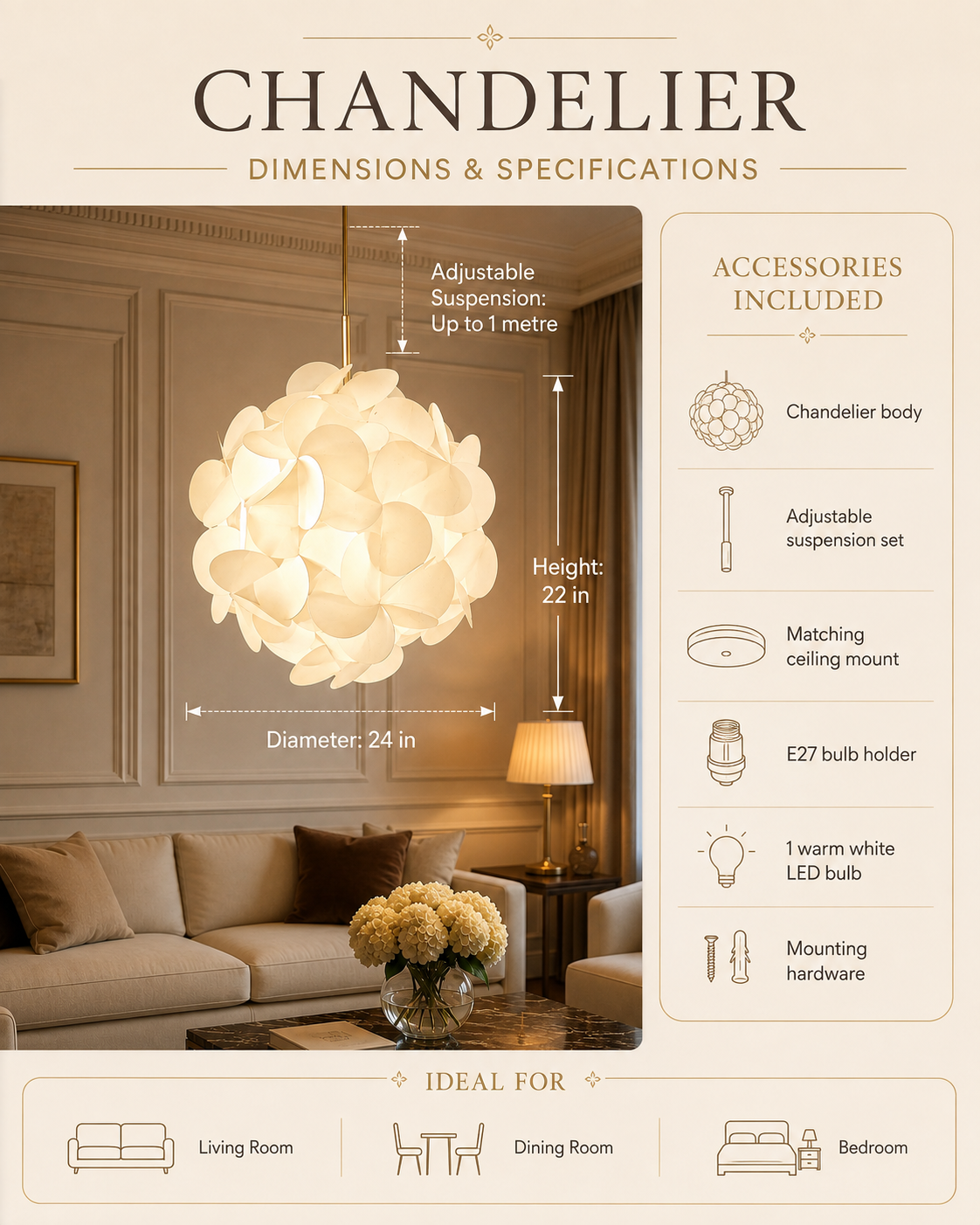 A product infographic for a chandelier labeled 'CHANDELIER' showing a warm white flower-like hanging light in a styled living room. The left side includes dimension callouts for height and diameter, and the right side lists included accessories such as a chandelier body, suspension set, matching ceiling mount, E27 bulb holder, warm white LED bulb, and mounting hardware.