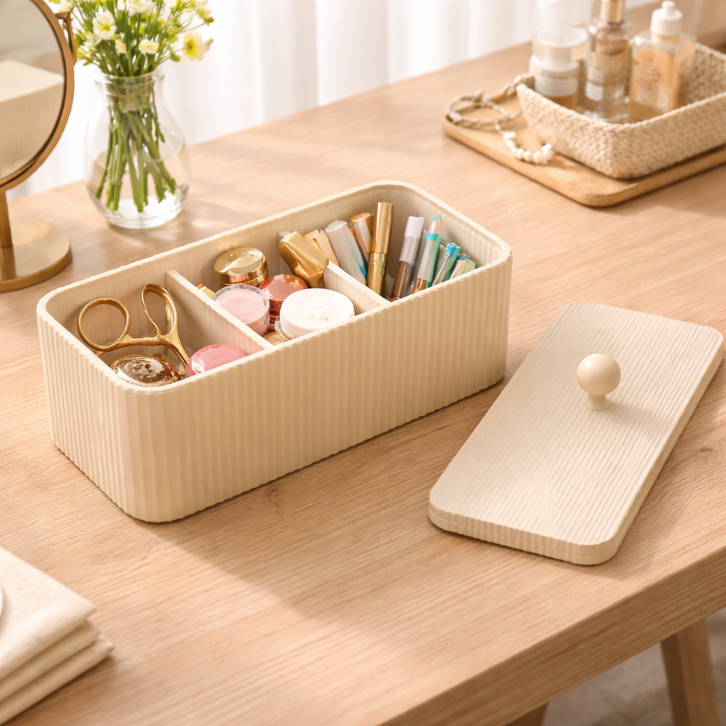 Rectangular beige organizer on a wooden surface with various items inside, next to a small round mirror and a vase with flowers.