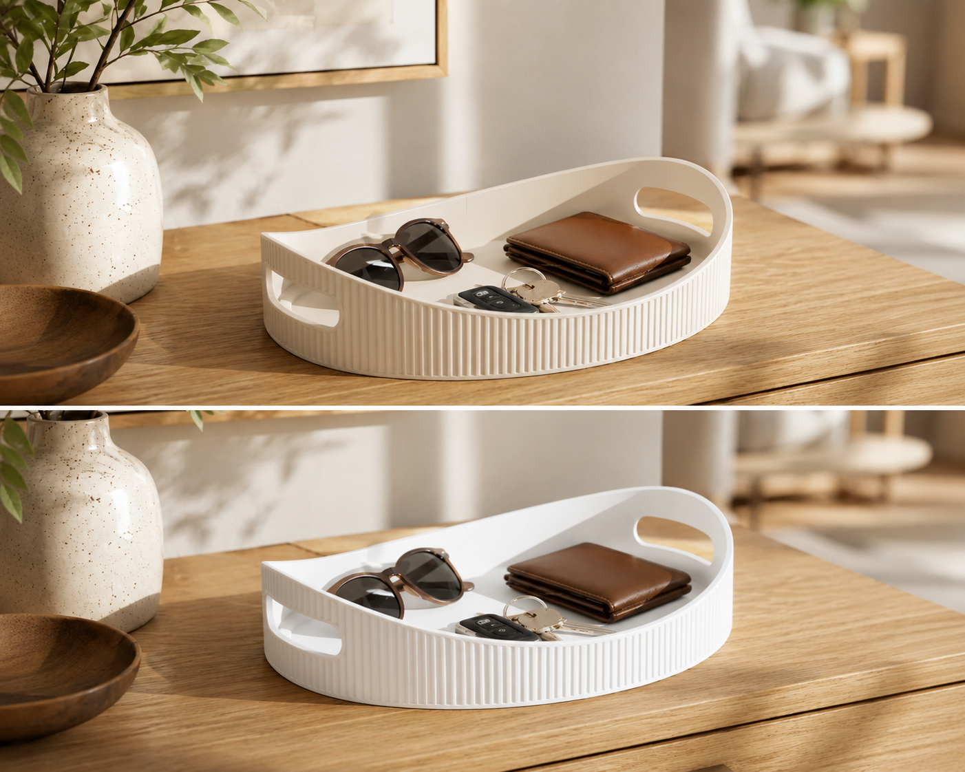 A white ribbed semi-circular tray with integrated handles sits on a wooden table in a styled interior setting, holding sunglasses, a brown wallet, and keys. The image is shown as a stacked two-panel composition.
