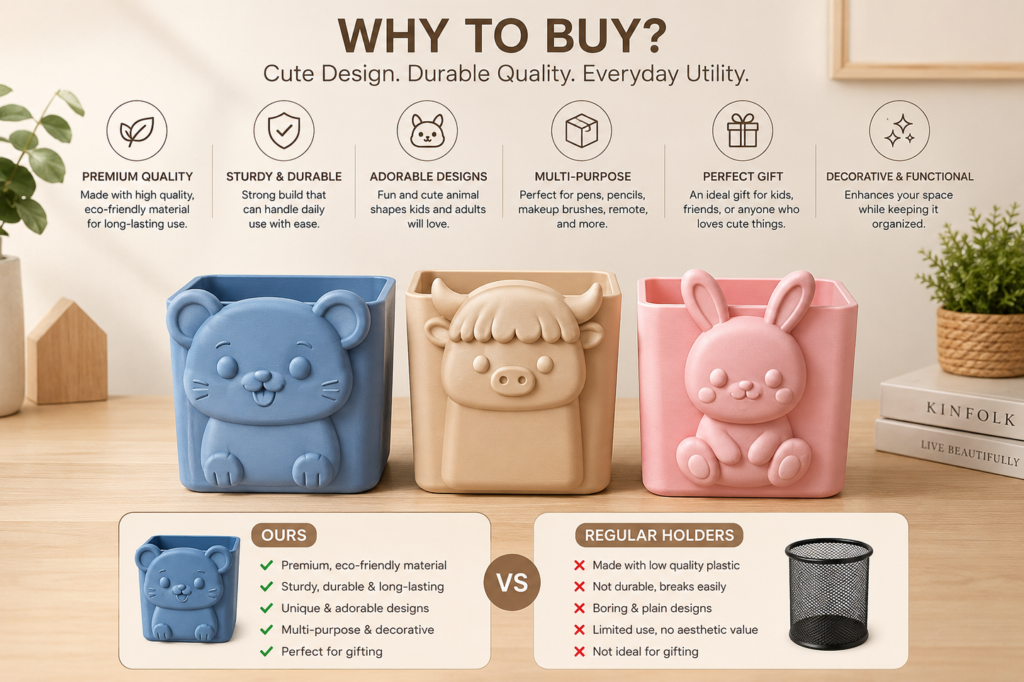 Cute Animal Pencil Holder for Kids Desk – Multi-Purpose Stationery Organizer for Study Table, Nursery & Gift Decor