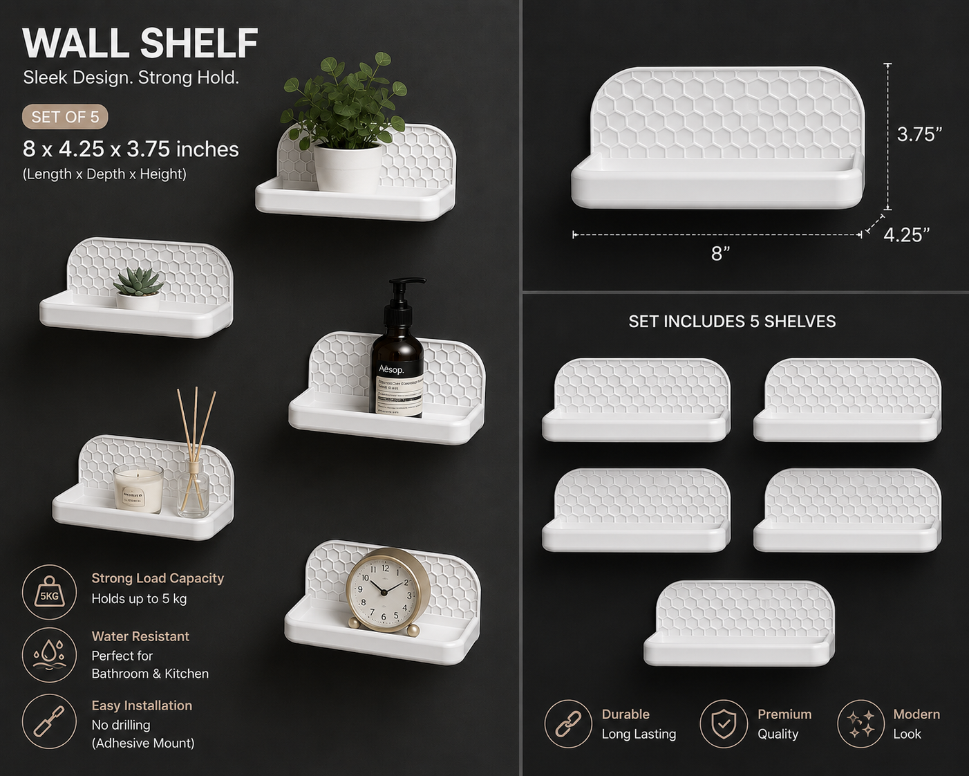 Honeycomb Bathroom Wall Shelf | Water-Resistant Storage Shelf for Bathroom, Wash Basin & Vanity Area