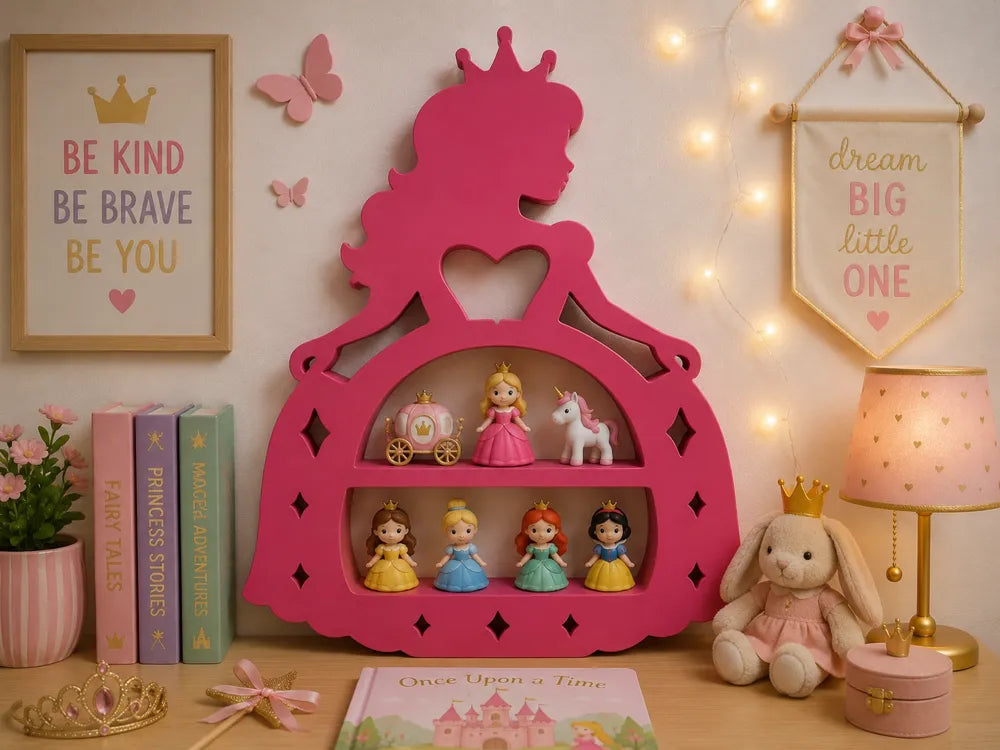 A pink wooden princess-shaped shelf with two tiers, styled in a cozy children's bedroom scene with fairy lights, a lamp, a plush bunny, books, and decorative wall art.