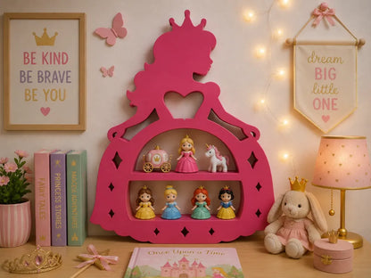A pink wooden princess-shaped shelf with two tiers, styled in a cozy children's bedroom scene with fairy lights, a lamp, a plush bunny, books, and decorative wall art.