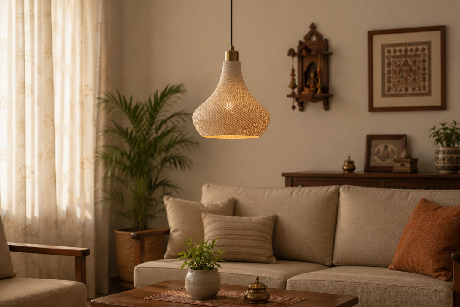 Cozy living room with beige sofa, decorative pillows, and a hanging light fixture.