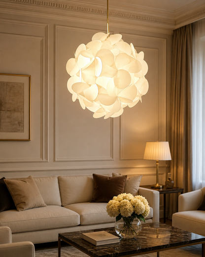 Modern living room with a stylish chandelier, sofa, and coffee table.