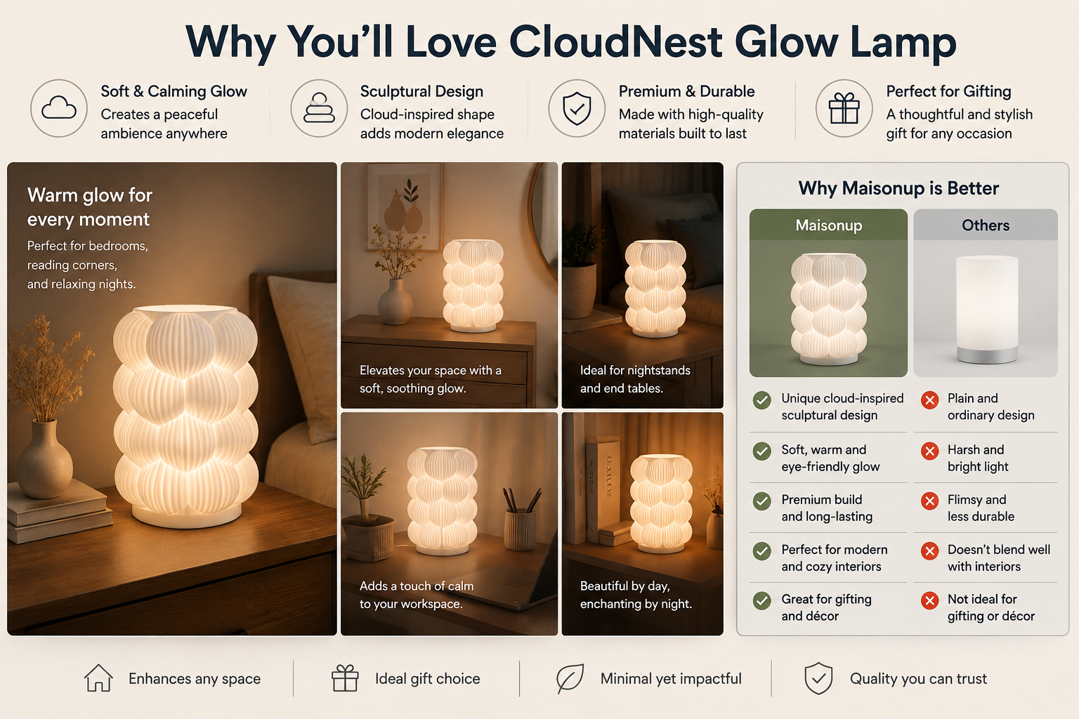 An infographic comparison graphic for the CloudNest Glow Lamp, showing a large left panel with lifestyle images of the lamp glowing in a bedroom and living room setting, and a smaller right panel comparing the CloudNest design with the Masnoup brand.