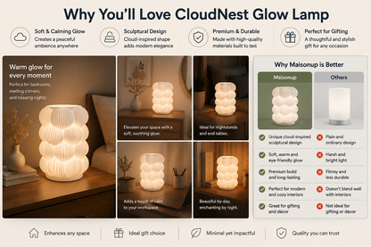 An infographic comparison graphic for the CloudNest Glow Lamp, showing a large left panel with lifestyle images of the lamp glowing in a bedroom and living room setting, and a smaller right panel comparing the CloudNest design with the Masnoup brand.