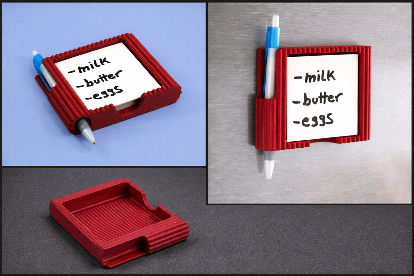 Red magnetic whiteboard with pen holder on a gray surface
