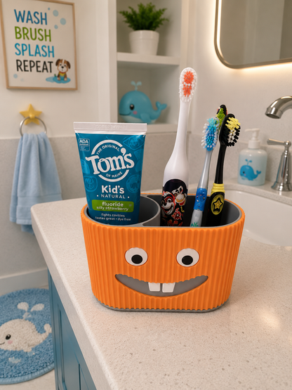 Colourful kids vanity organizer for toothbrushes, toothpaste, combs and small bathroom items