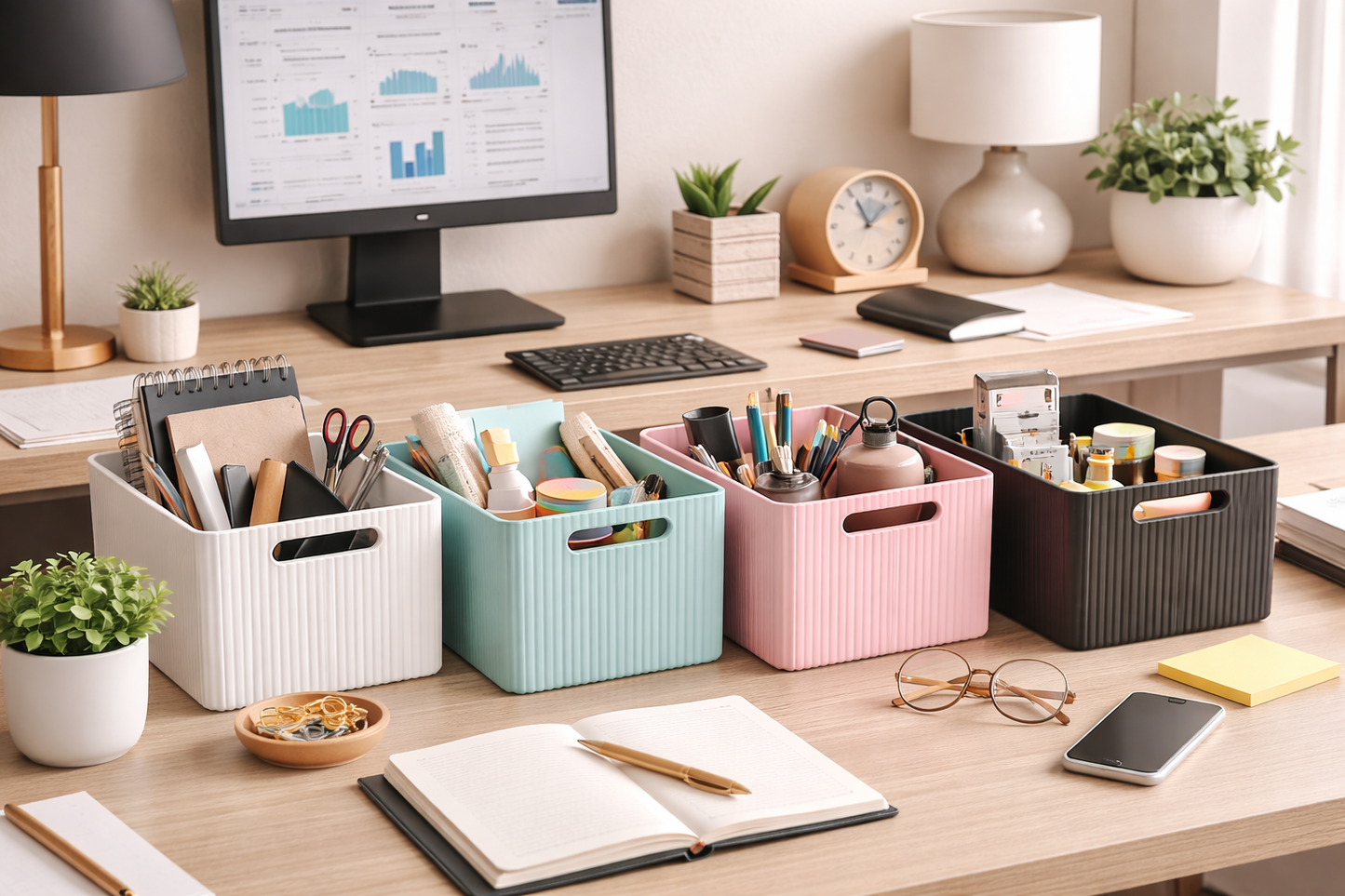 Organized desk with storage bins and office supplies
