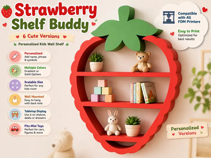 A strawberry-shaped wall shelf with three tiers and a green leaf top, shown mounted on a wall in a styled room scene. The shelves are red and hold books, small plants, a teddy bear, and a rabbit figurine.