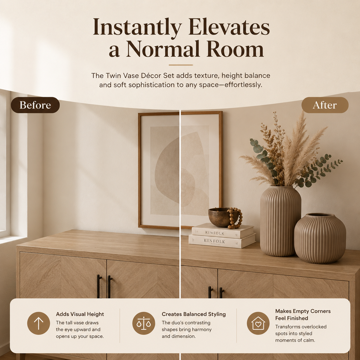 A promotional graphic for a twin vase decor set, showing a styled interior scene with a wooden cabinet, framed wall art, books, and three vases. Large text at the top reads 'Instantly Elevates a Normal Room,' with 'Before' and 'After' labels marking a split in the scene.