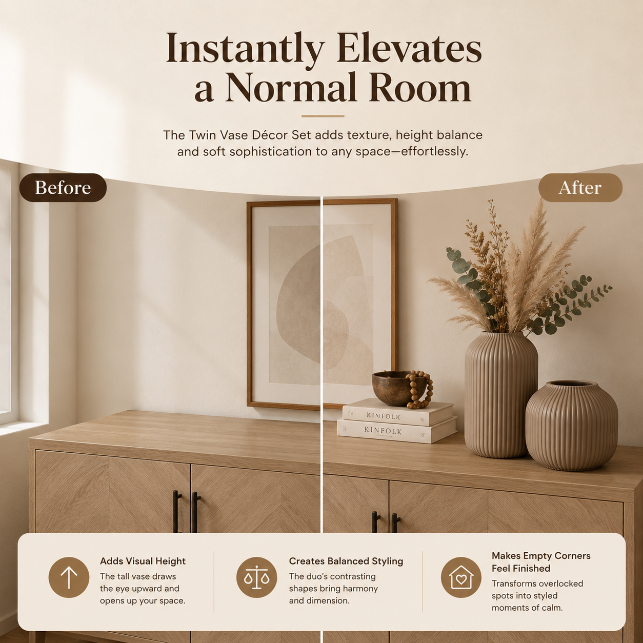 A promotional graphic for a twin vase decor set, showing a styled interior scene with a wooden cabinet, framed wall art, books, and three vases. Large text at the top reads 'Instantly Elevates a Normal Room,' with 'Before' and 'After' labels marking a split in the scene.