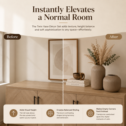 A promotional graphic for a twin vase decor set, showing a styled interior scene with a wooden cabinet, framed wall art, books, and three vases. Large text at the top reads 'Instantly Elevates a Normal Room,' with 'Before' and 'After' labels marking a split in the scene.