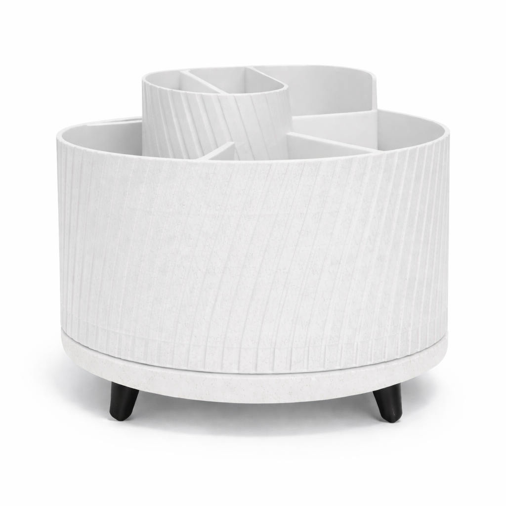 White cylindrical storage unit with compartments on a white background