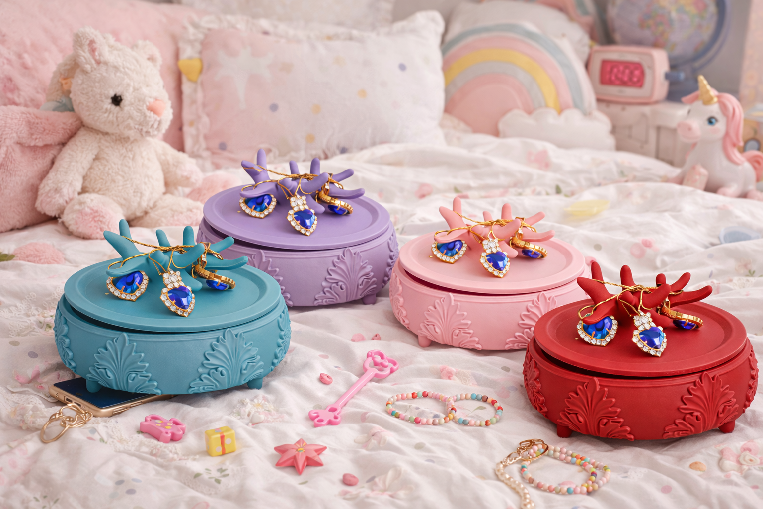 Colorful jewelry boxes with jewelry on a bed with plush toys in the background