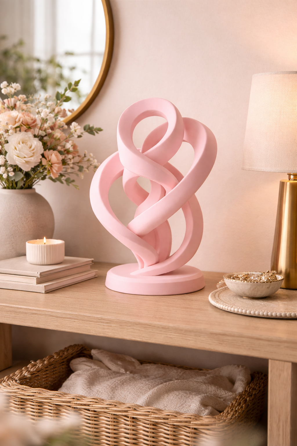 Pink decorative sculpture on a wooden surface with a lamp and flowers in the background