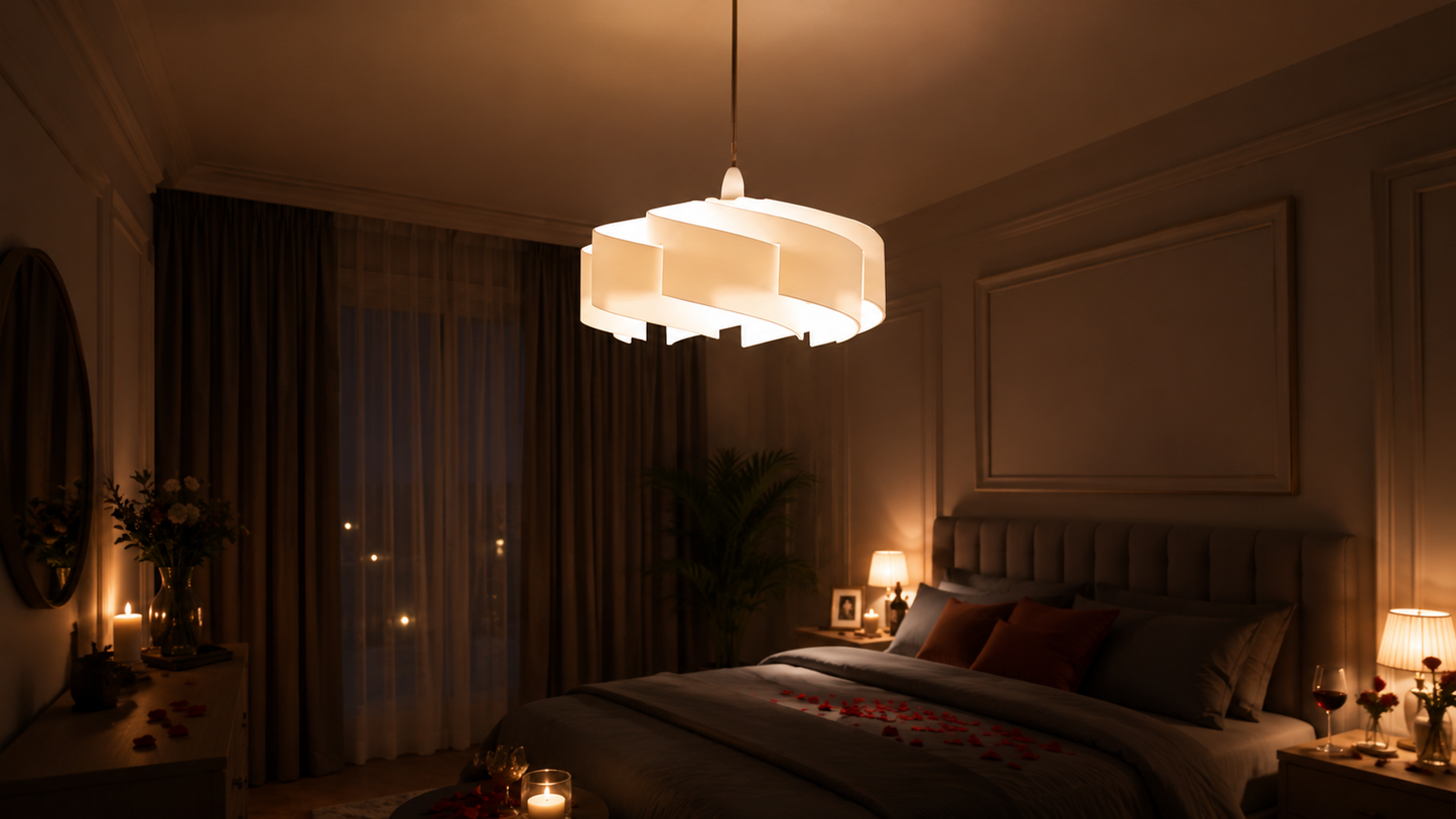 Cozy bedroom with a chandelier, bed, and candles creating a warm atmosphere.