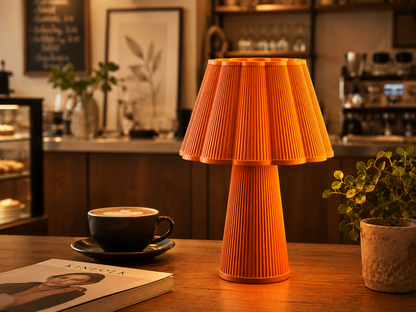 An orange pleated table lamp with a matching pleated base sits on a wooden table in a warm, cozy cafe setting, surrounded by a coffee cup, a potted plant, and a magazine.