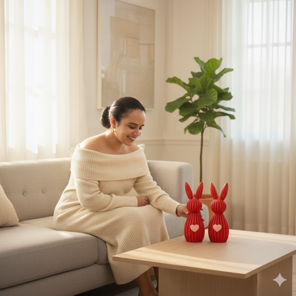 Woman in a beige sweater sitting on a couch with two red rabbit-shaped vases on a table.