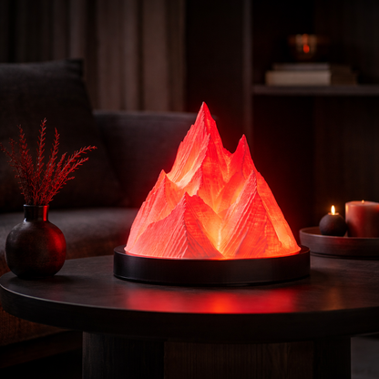 Decorative lamp shaped like a mountain on a table with a warm glow