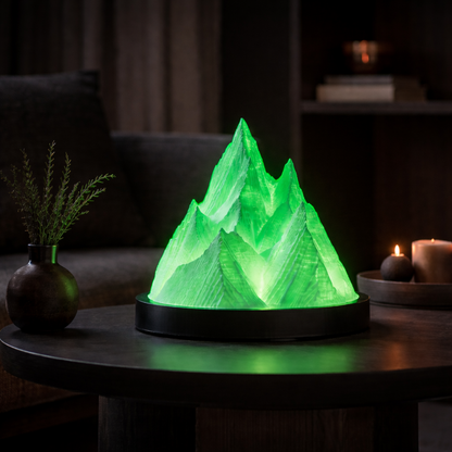 Green mountain-shaped lamp on a table with a dark background