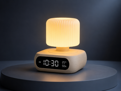 A modern digital alarm clock and lamp combo with a ribbed cylindrical glowing lamp on top of a square base, shown on a round pedestal against a dark blue background.