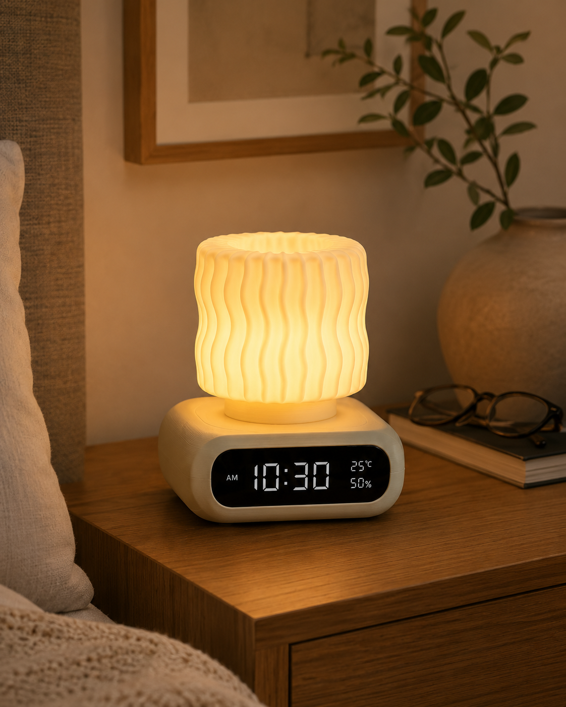 A small digital alarm clock lamp with a ribbed cylindrical glowing lampshade and a white base, placed on a wooden bedside table in a cozy bedroom setting.