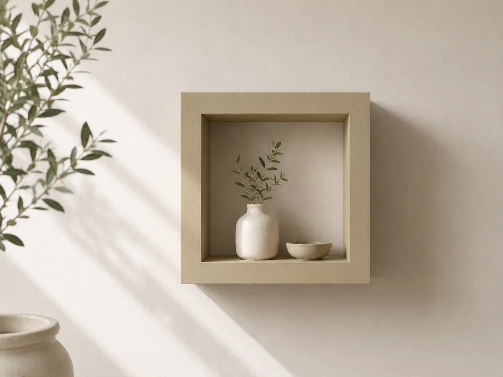 A square beige floating wall shelf mounted on a light beige wall, styled with a small white ceramic vase holding green sprigs and a small matching bowl. Soft sunlight with leaf shadows falls across the scene, and part of a plant and a ceramic pot are visible at the edges.