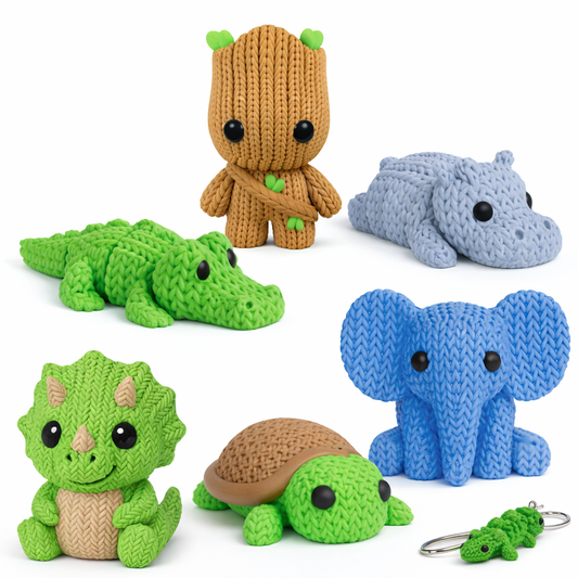 Set of colorful knitted animal toys including a crocodile, hippo, elephant, turtle, and dino on a white background.