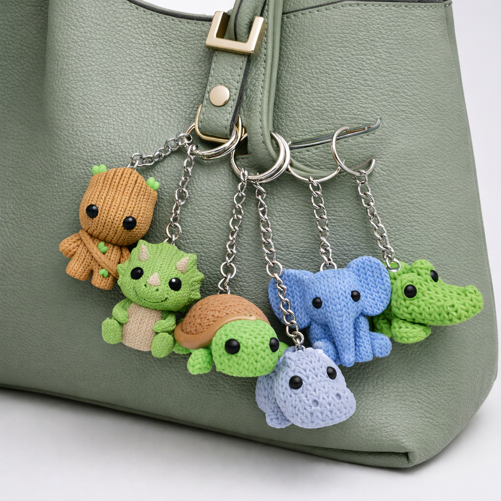 Set of colorful animal keychains hanging from a green handbag.